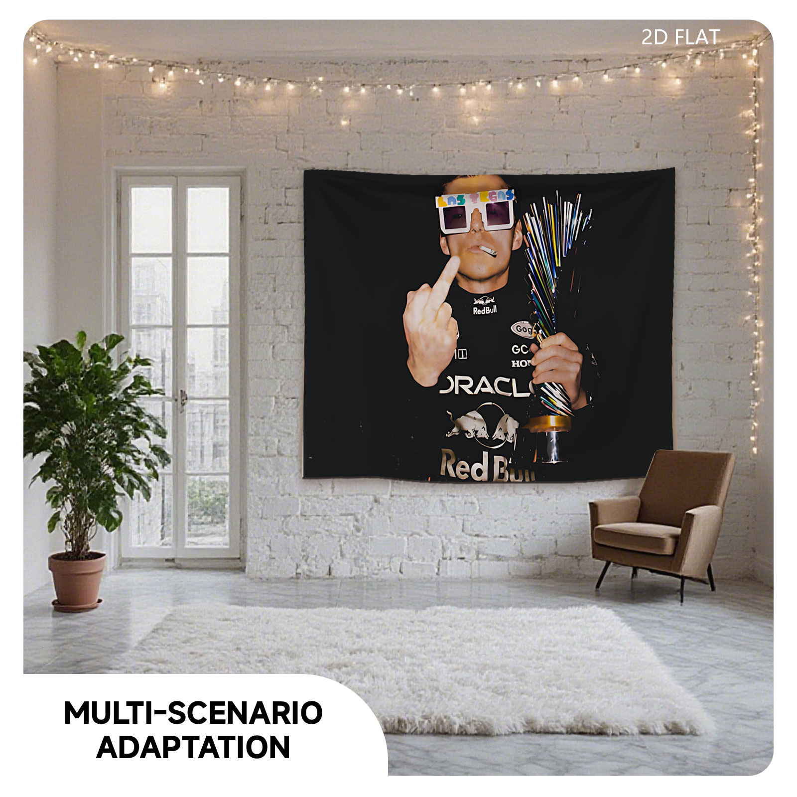 Max Verstappen in Red Bull Racing Gear with 3D Glasses and Cigar - Tapestry