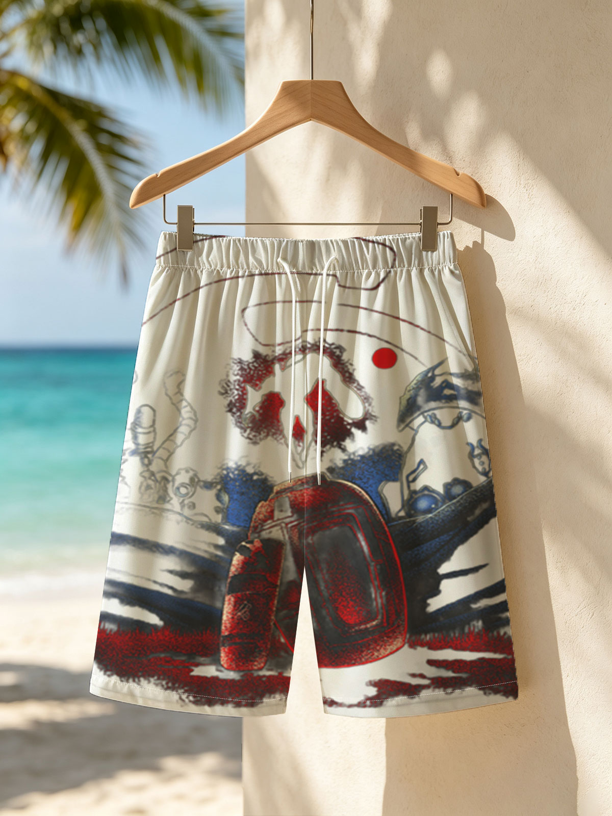 Red Planet Encounter: Alien Silhouette and Cosmic Artifacts -  Beach shorts