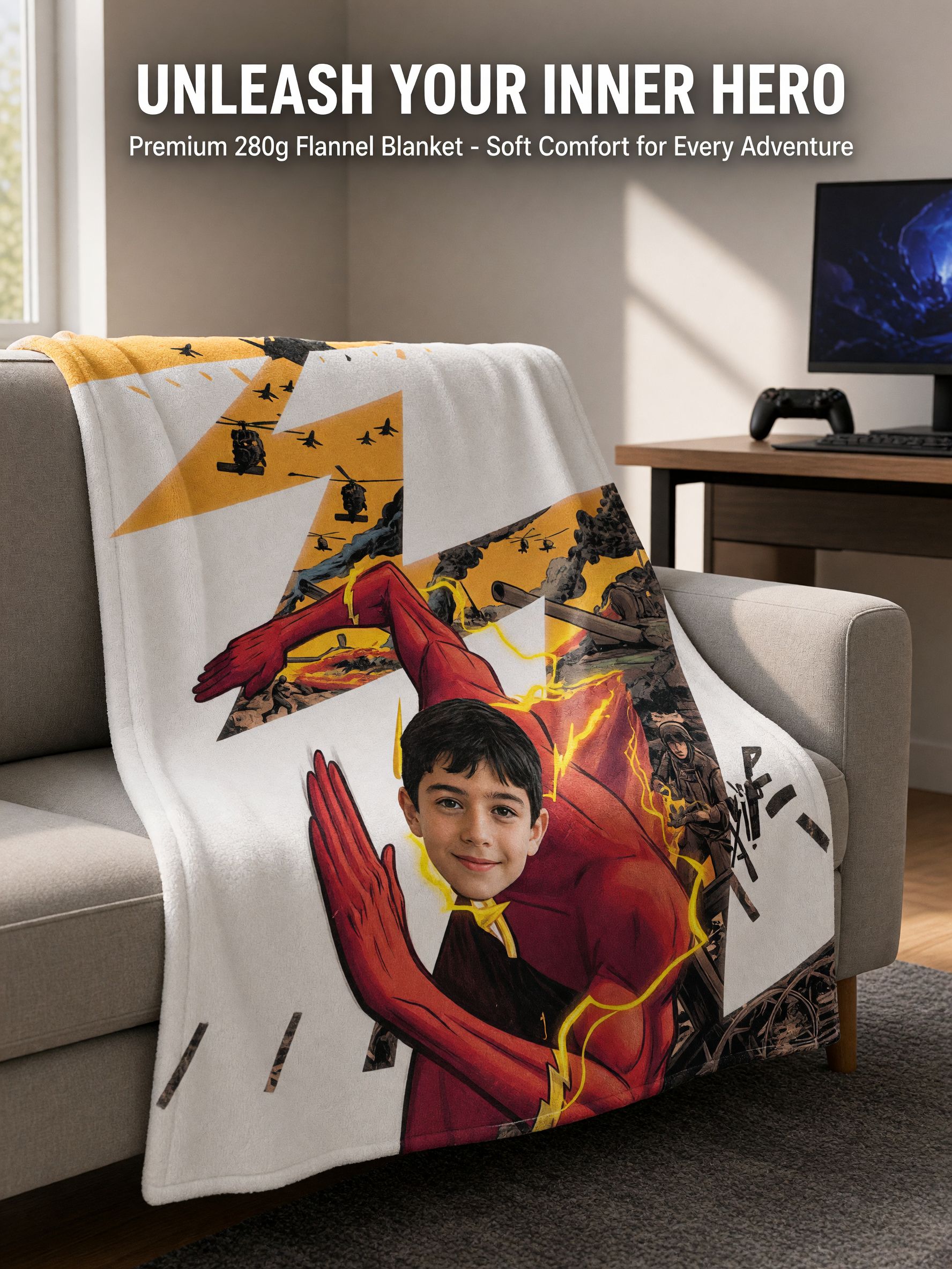 Custom Face Superhero Flannel Blanket, Soft Cozy Comic Throw for Couch, Ideal Personalized Gift for Kids and Family
