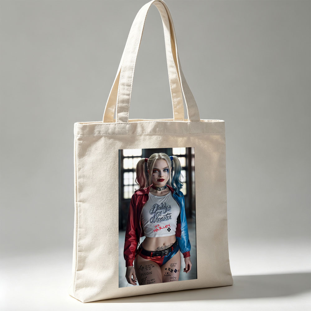 Margot Robbie as Harley Quinn in Suicide Squad - Iconic Costume and Bold Makeup Portrait - Canvas tote bags