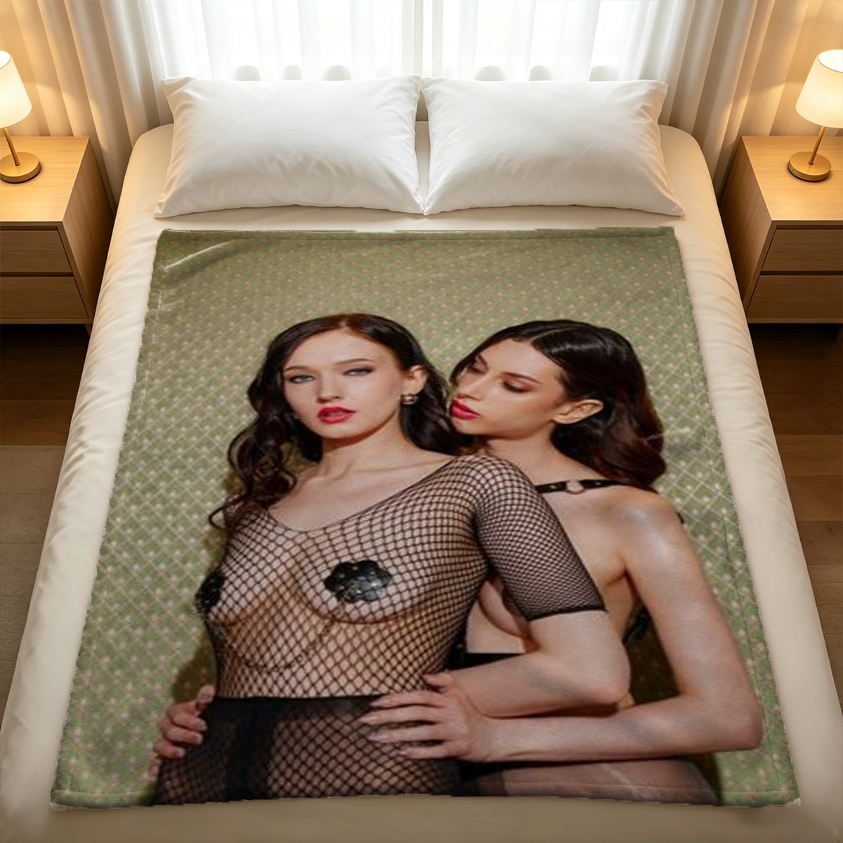 Two Models in Blue Sheer Lingerie Posing Together - Blanket