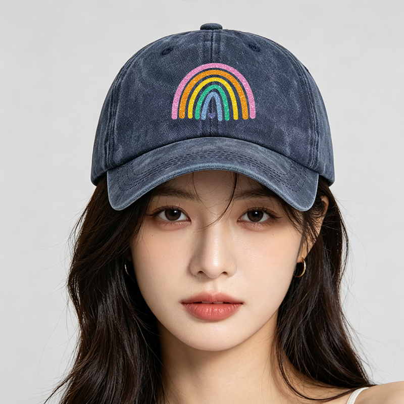 Men's Printed Washed Cap with Glitter Rainbow Heart Design - Casual Round Brim Summer Lightweight Cotton Hat for Outdoor Activities, Beach, Travel - Ideal for Young Adults and Trendy Men