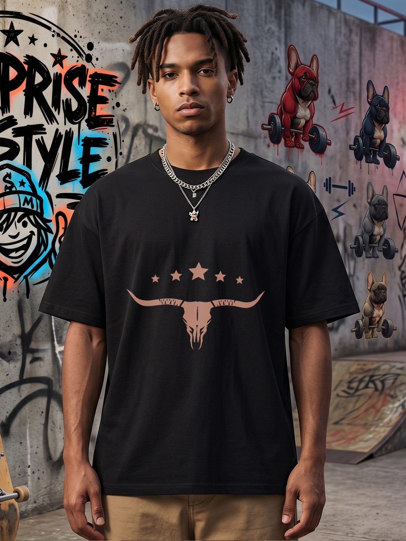 Men's Printed T-Shirt Longhorn Skull with Stars Graphic Casual Round Neck Lightweight Breathable Summer Short Sleeve Tee for Outdoor Camping Hunting Fans and Western Style Lovers