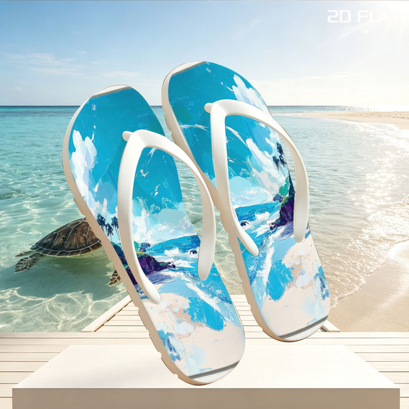 Tropical Beach with Palm Trees and Blue Sky -  flip-flops