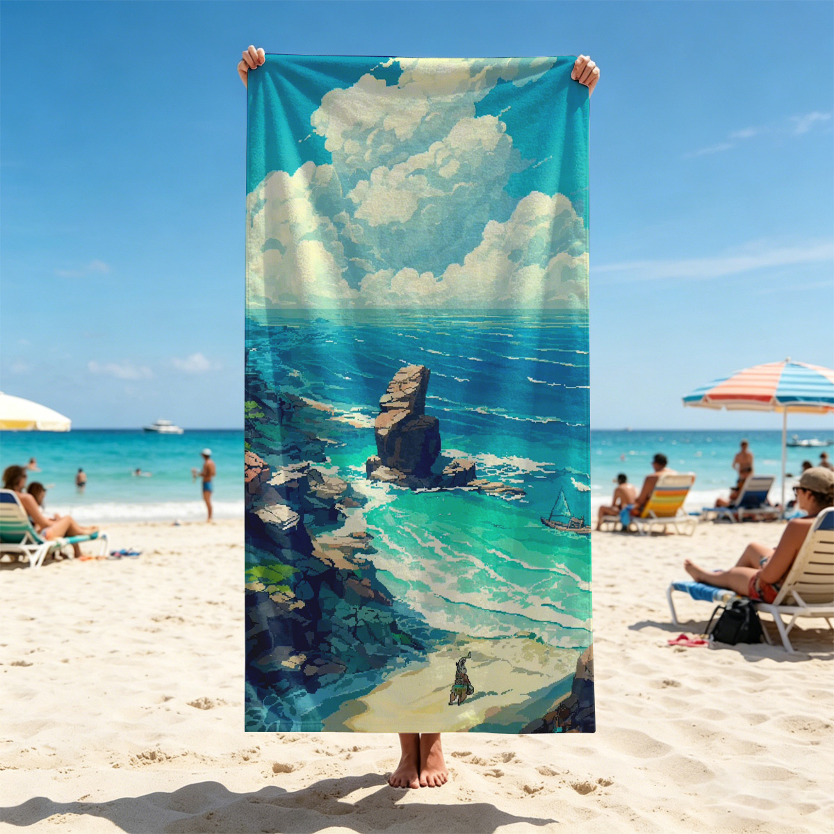 Coastal Landscape with Rocky Shore and Sailboat - Beach towels