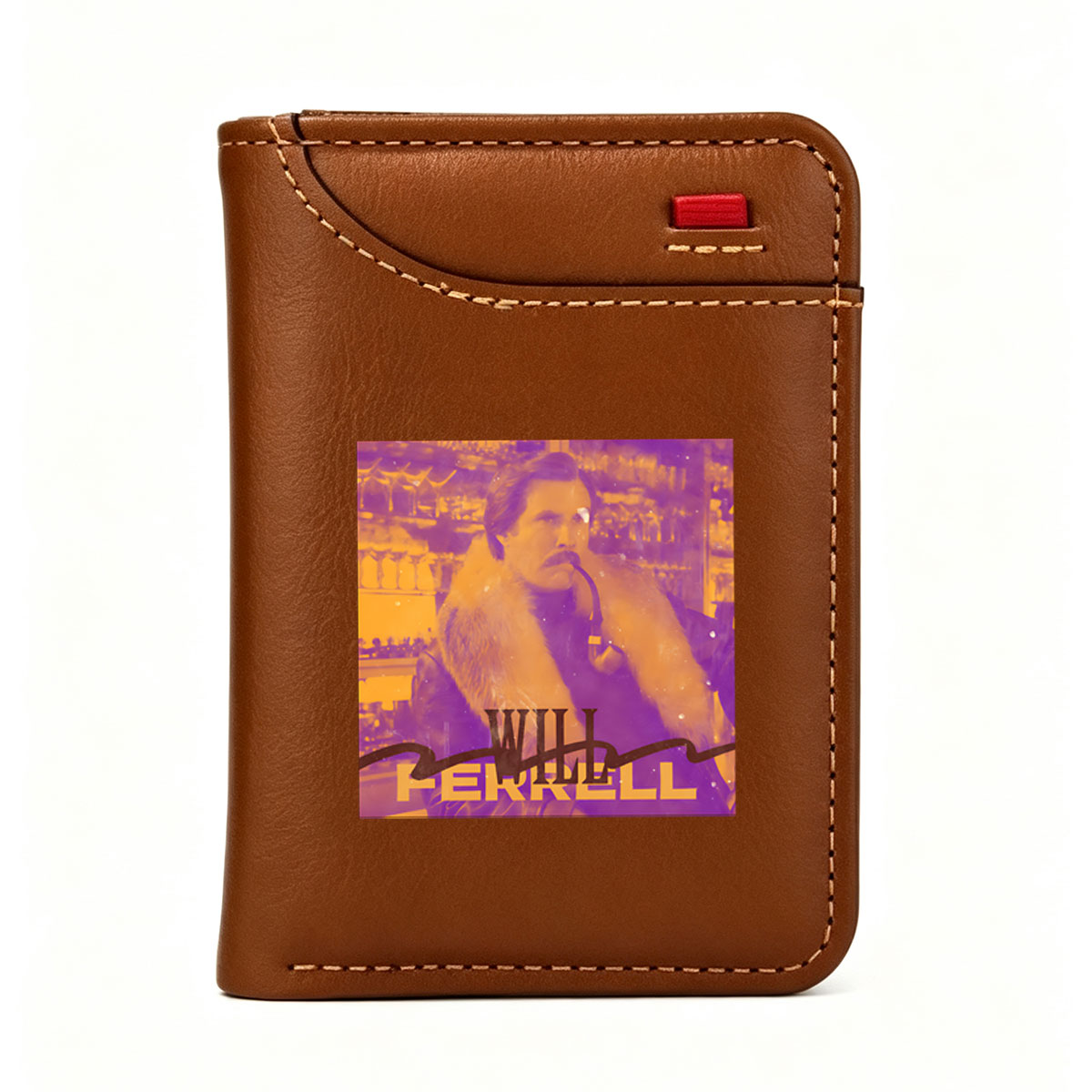Will Ferrell as Ron Burgundy in Anchorman, smoking a pipe in a bar setting - Vertical Style Wallet
