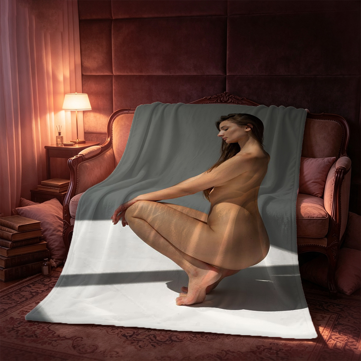 Two Seductive Asian Beauties in Sheer Black and Gold Lingerie Posing Intimately on Marble Table - Blanket