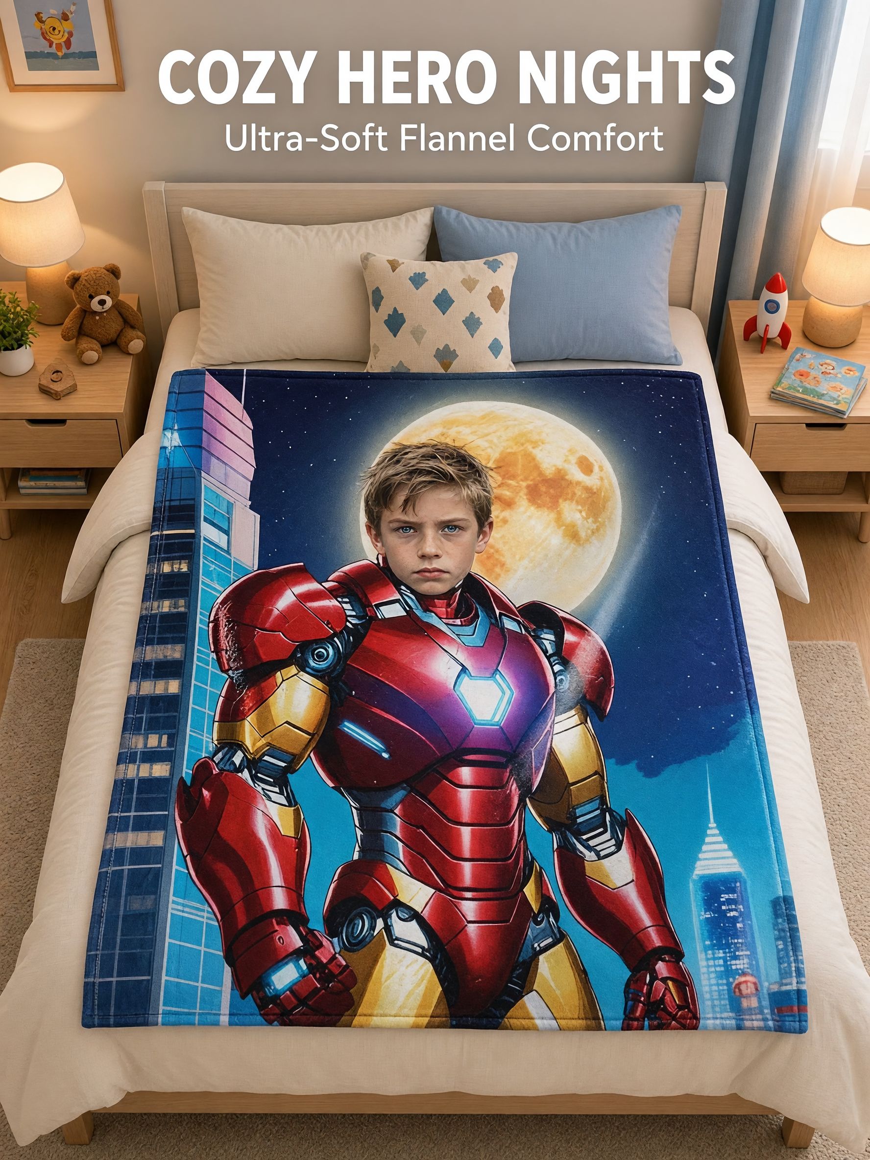 Personalized Photo Face Superhero Flannel Blanket Ultra Soft Plush Throw Ideal Custom Hero Birthday Gift for Kids