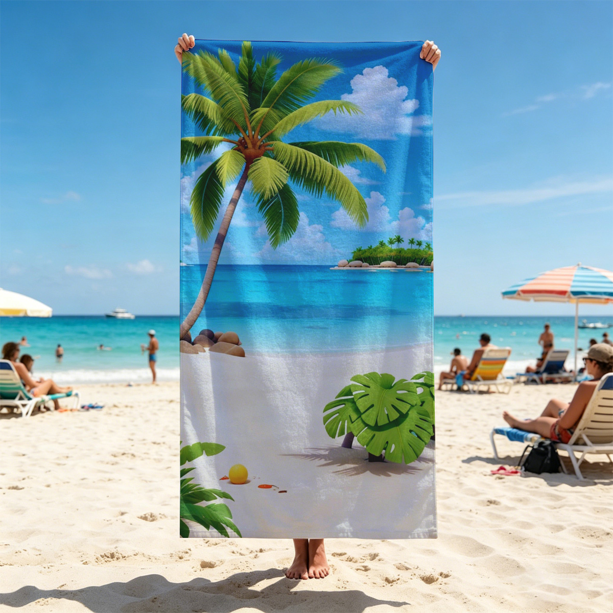 Tropical Beach with Palm Tree and Clear Blue Water - Beach towels