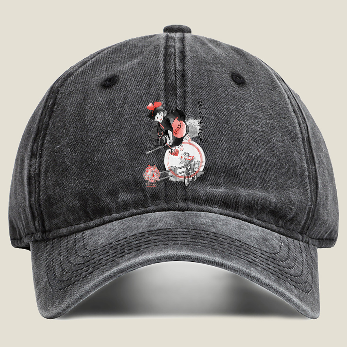 Kiki's Delivery Service: Kiki and Jiji on Broomstick with Delivery Man - Washed Denim - Baseball Cap