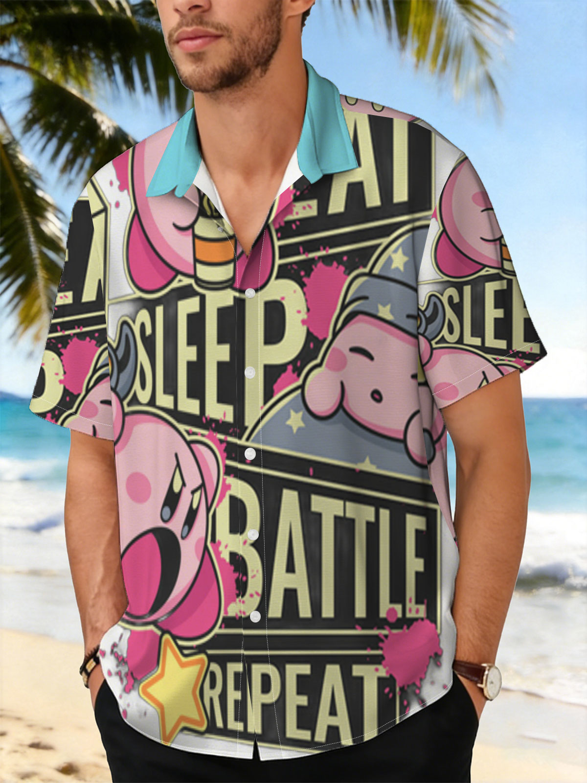 Kirby Eat Sleep Battle Repeat - Pink Star Warrior Adventure -  Shirt