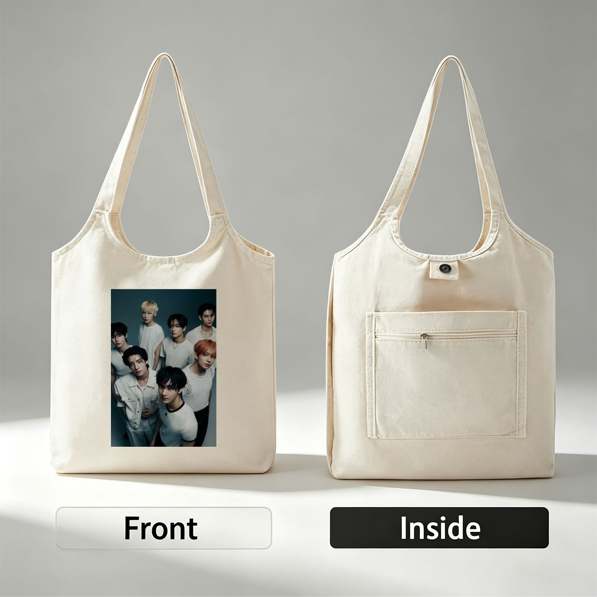 ENHYPEN Group Photo - Seven Members in White Outfits Posed Against Dark Background - Canvas shoulder bags/