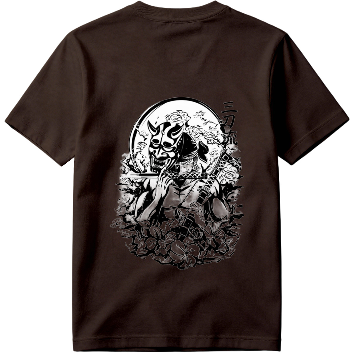 Samurai with Oni Mask and Katana in Floral Scene - Tee
