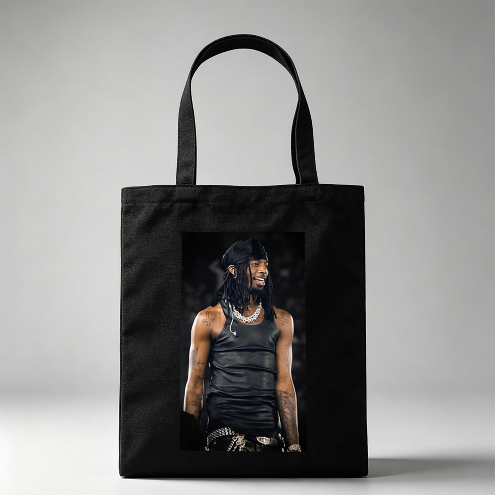 Lil Wayne on Stage Wearing Black Leather Tank Top and Headwrap with Visible Tattoos and Jewelry - Canvas tote bags