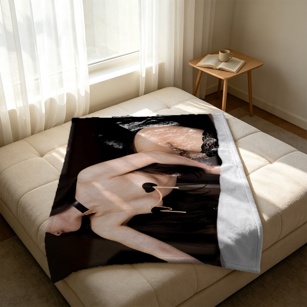 Rena Tanaka in white lingerie, posing seductively with hand covering breast. - Blanket