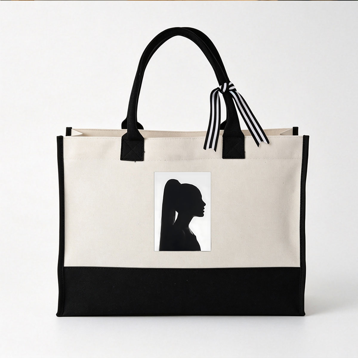 Silhouette of a Woman with Ponytail in Profile View - Canvas patchwork gift tote bag