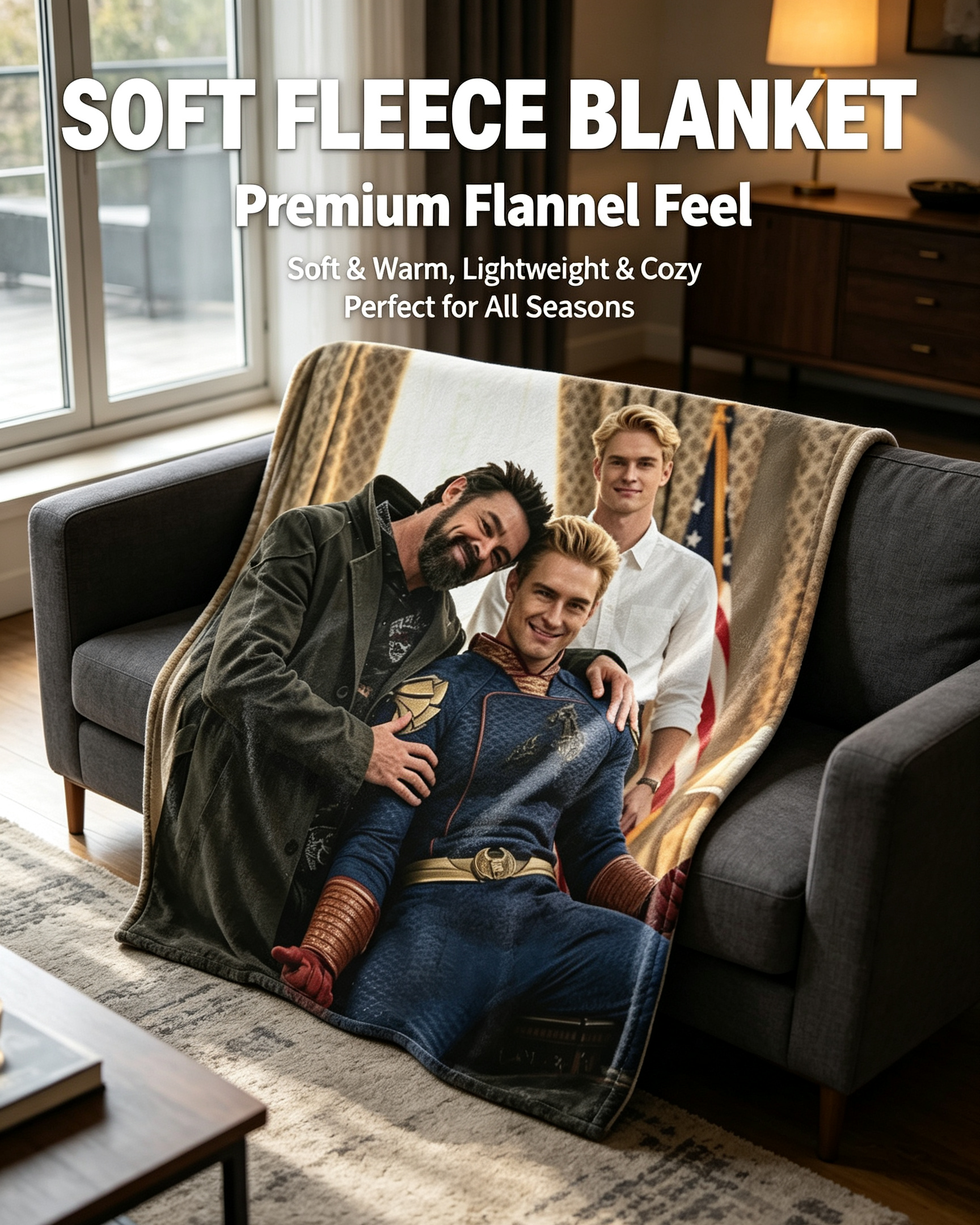Custom Face Blanket The Boys Homelander and Soldier Boy Flannel Blanket Cozy Living Room or Bedroom Gift for Fans Collectible Throw Blanket