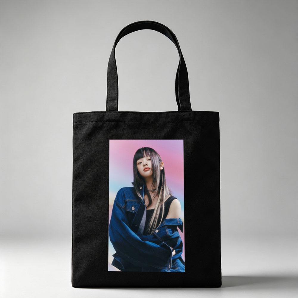 Hanni from NewJeans in a Stylish Denim Look Against a Vibrant Gradient Background - Canvas tote bags
