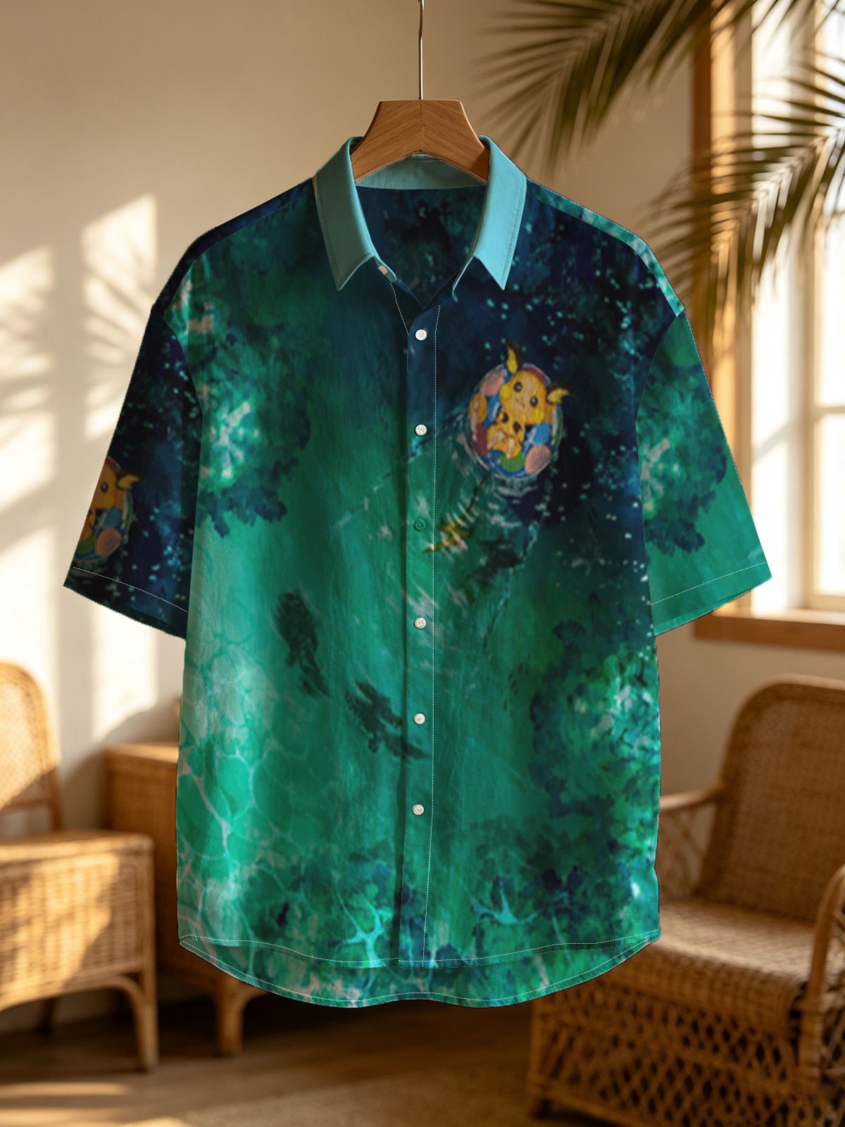 Pikachu floating on a colorful ring in a serene, turquoise pool with fish swimming below. -  Shirt