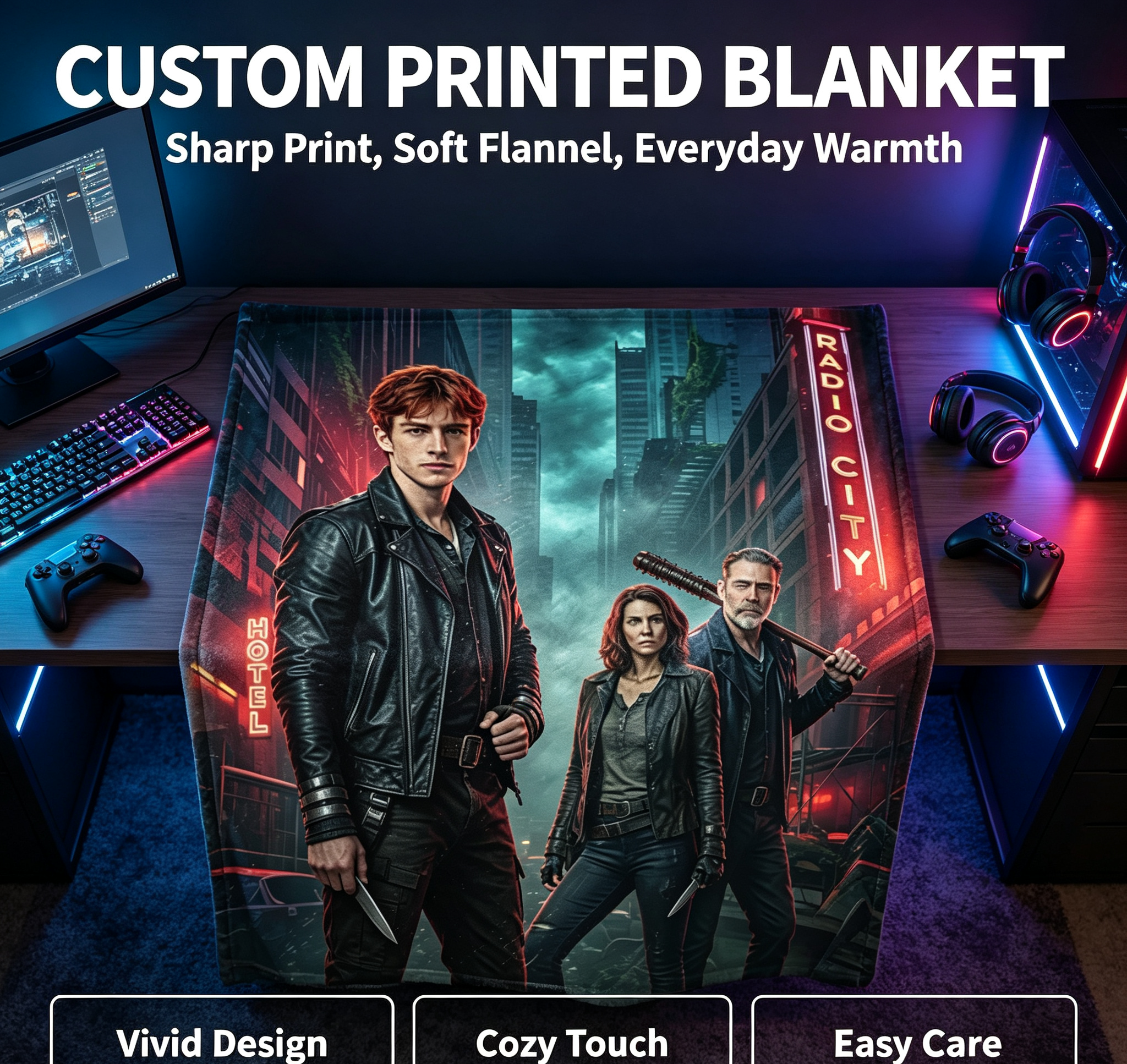 Custom Face Blanket The Walking Dead Dead City Season 3 Flannel Blanket for Fans and Collectors – Perfect Gift or Giveaway for TV Show Enthusiasts