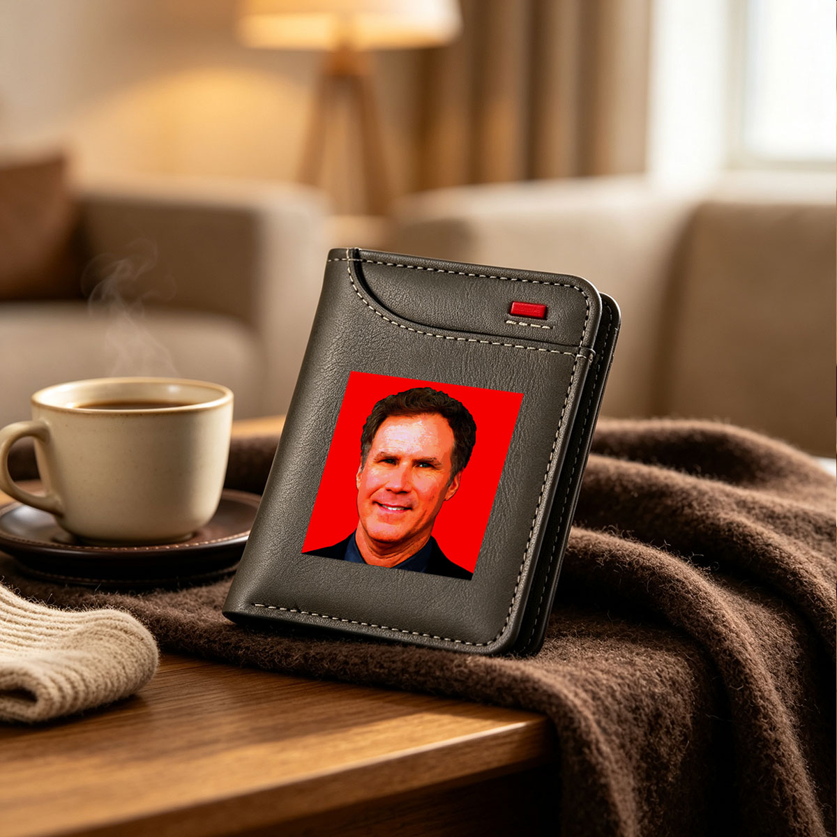 Will Ferrell in a bold red background portrait - Vertical Style Wallet
