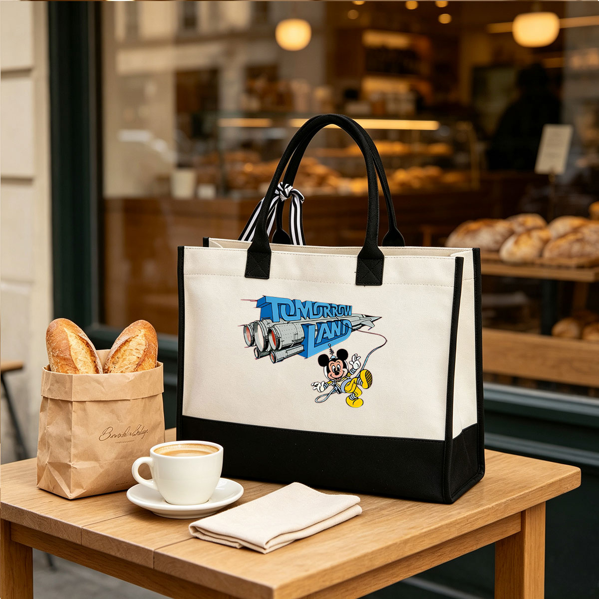 Mickey Mouse in Tomorrowland with Rocket Ship - Canvas patchwork gift tote bag