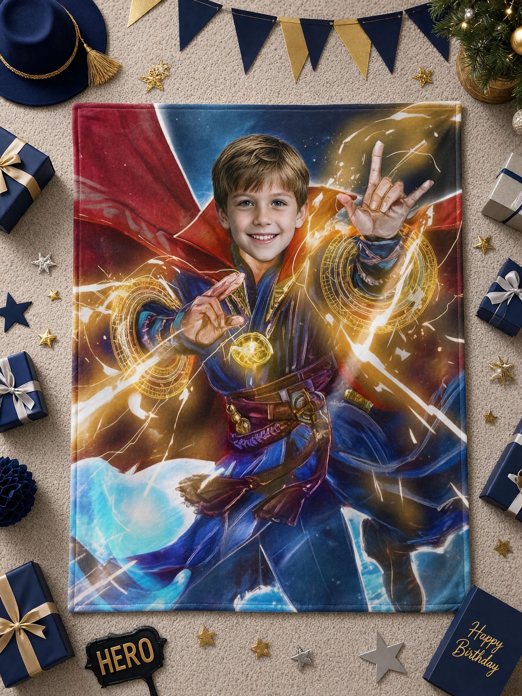 Custom Face Photo Superhero Fleece Blanket, Personalized Sorcerer Flannel Throw, Cozy Gift for Kids and Adults