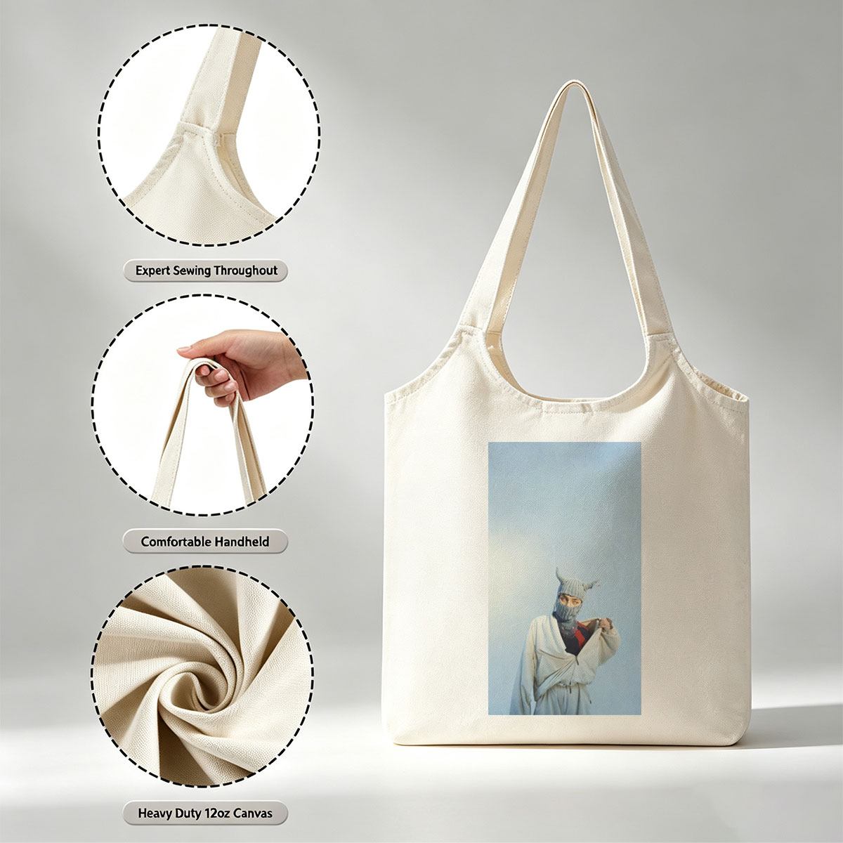 Billie Eilish in a whimsical winter scene wearing a horned knit mask and flowing white outfit against a clear blue sky - Canvas shoulder bags/