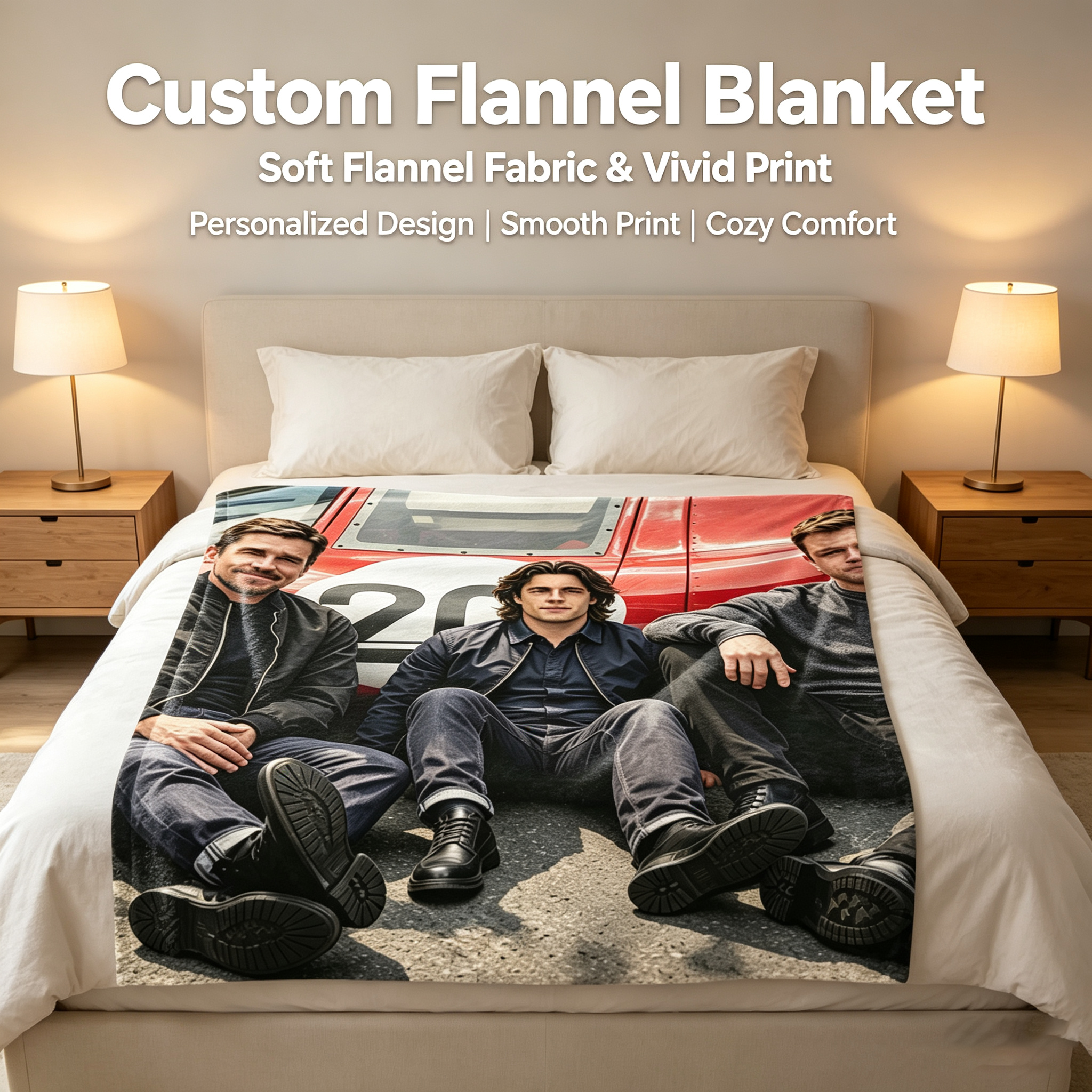 Custom Face Blanket Featuring Three Men in Front of Red Race Car Flannel Blanket Perfect for Home Decor or Cozy Nights Ideal Gift for Car Enthusiasts or Friends
