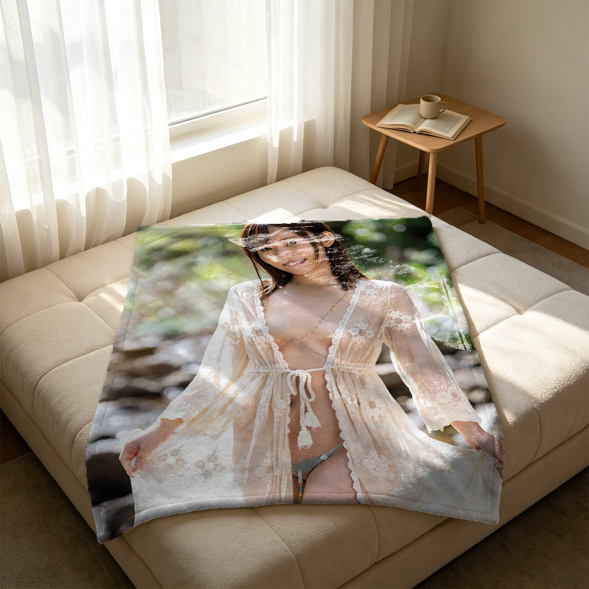 Young woman in pink lingerie posing in bedroom - Blanket