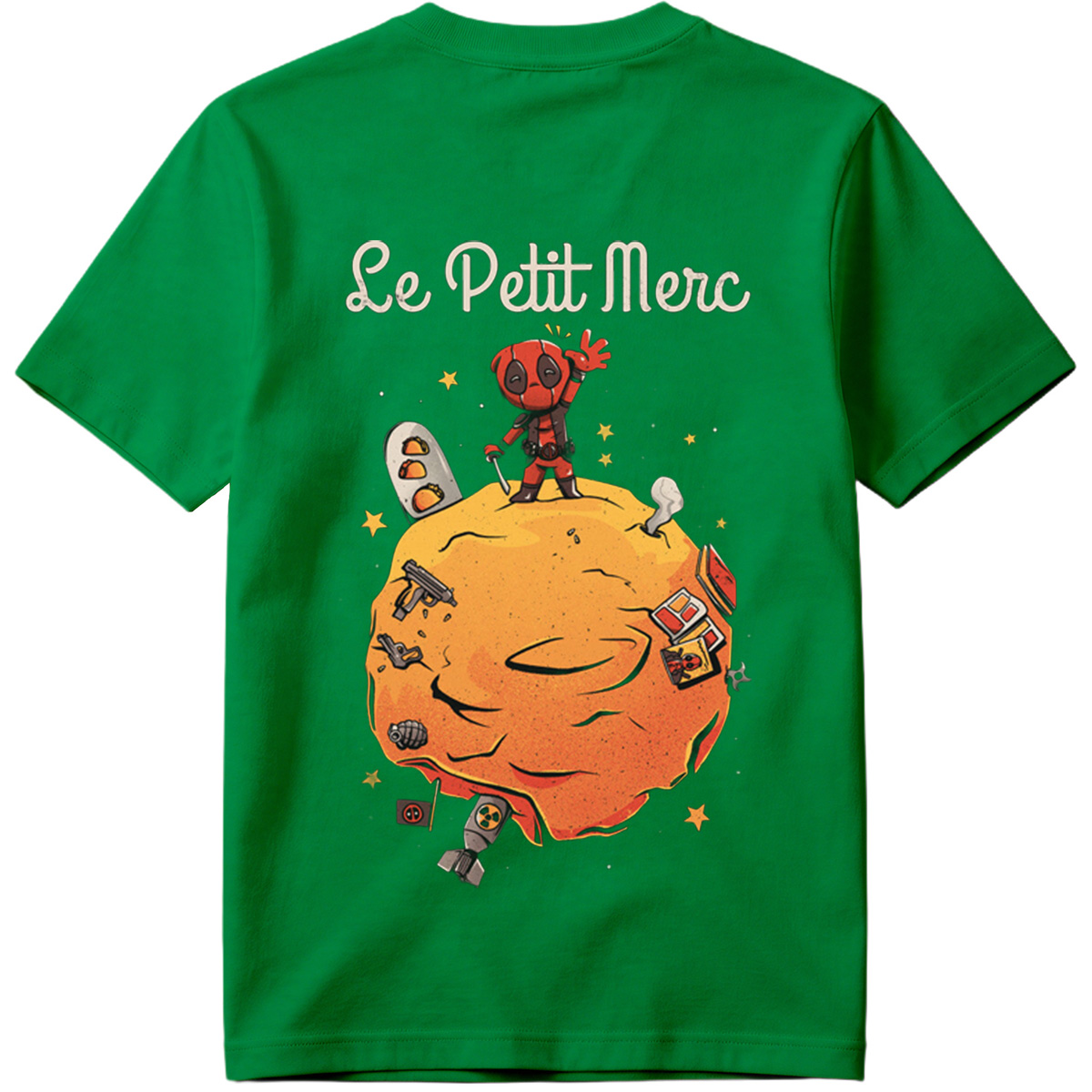 Deadpool on a Planet with Weapons and Space Items - Tee