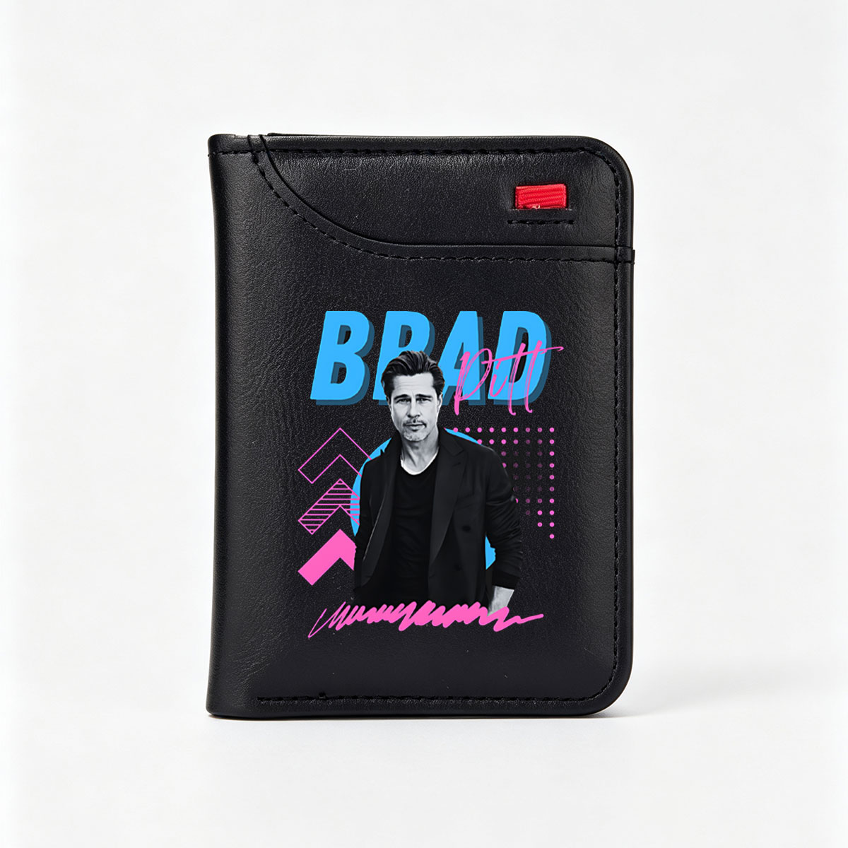 Brad Pitt in a stylish black suit against a vibrant graphic background with bold text and geometric patterns. - Vertical Style Wallet