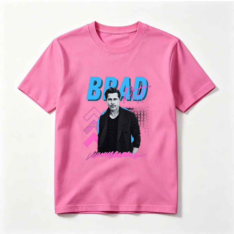 Brad Pitt in a stylish black suit against a vibrant graphic background with bold text and geometric patterns. - Tee