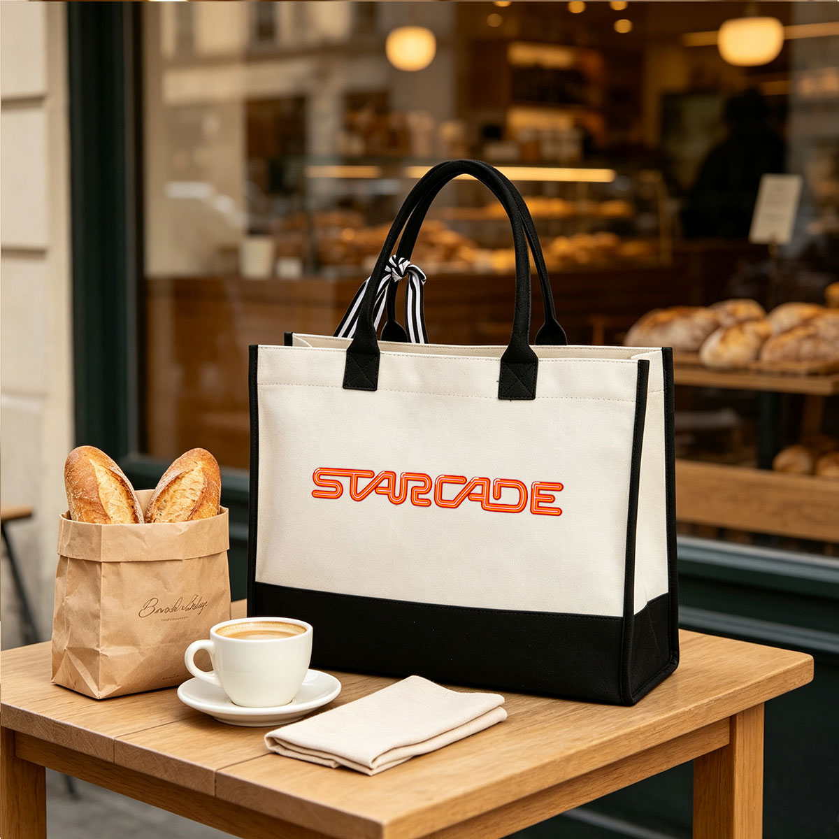 Starcade: Neon Logo Featuring Bold Orange Lettering - Canvas patchwork gift tote bag