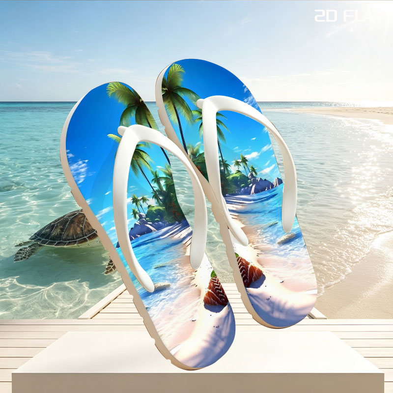 Tropical Beach with Palm Trees and Crystal Clear Water -  flip-flops