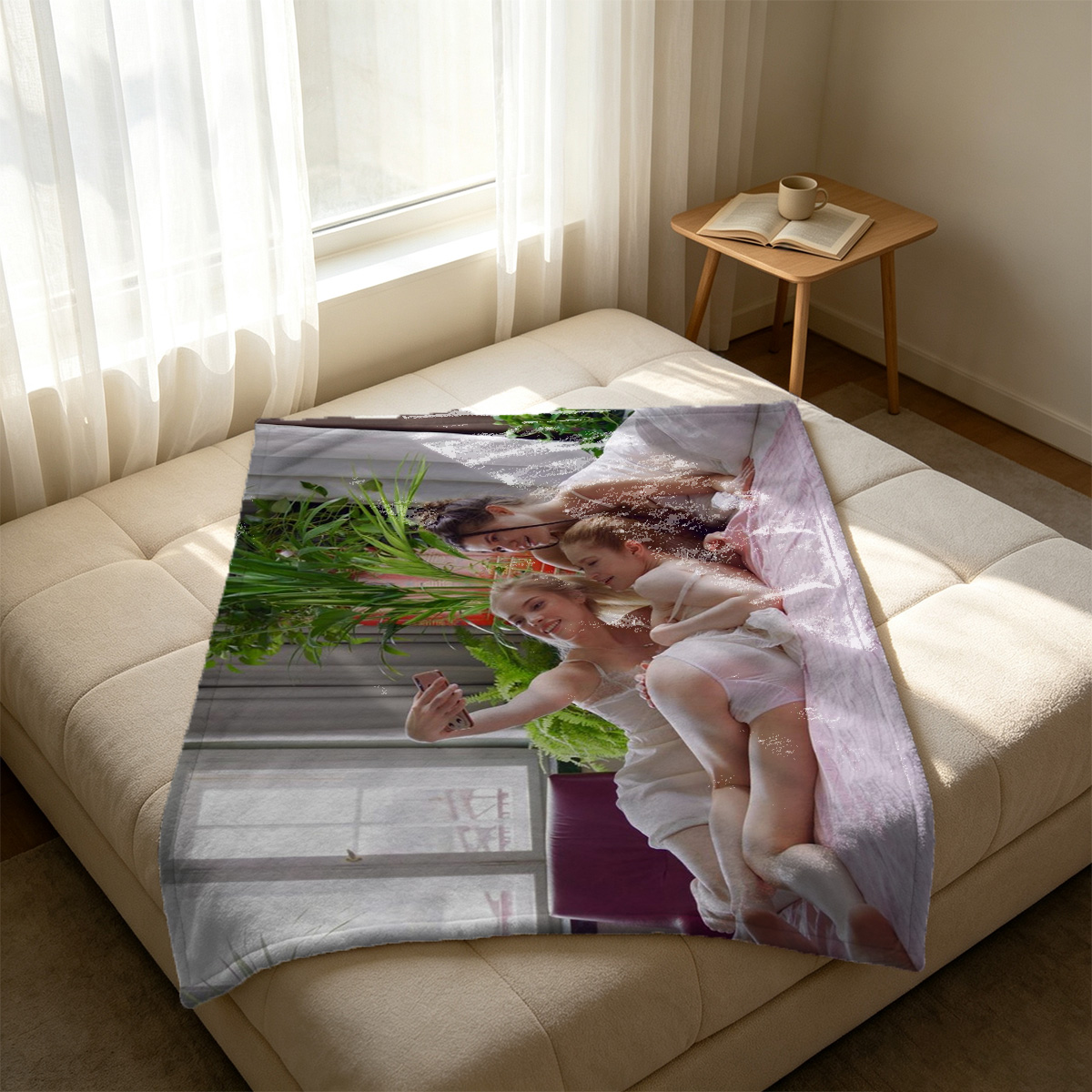 Beautiful Woman in White Shirt Posing by Window - Blanket