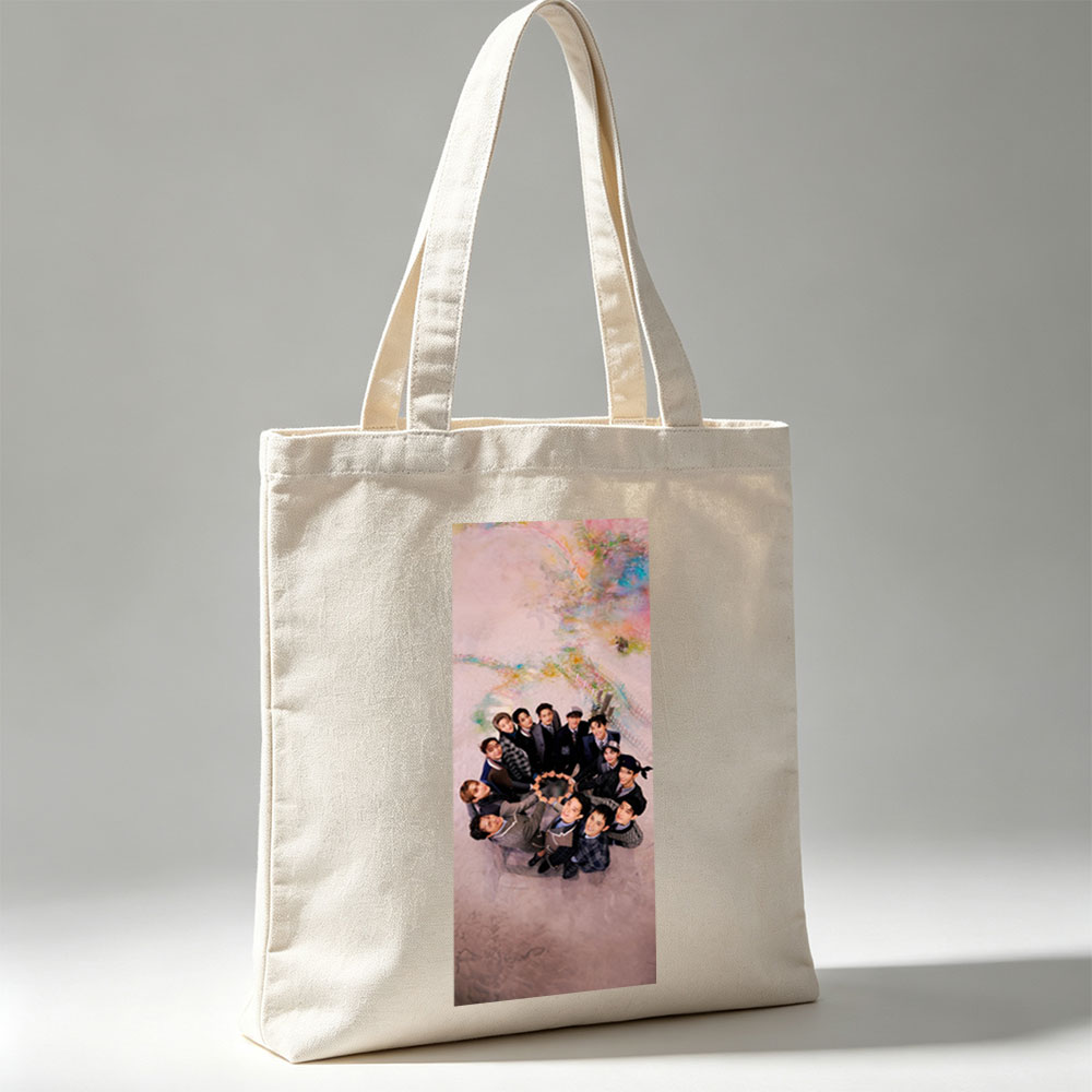 SEVENTEEN Group Photo in a Circular Formation on a Colorful Background - Canvas tote bags