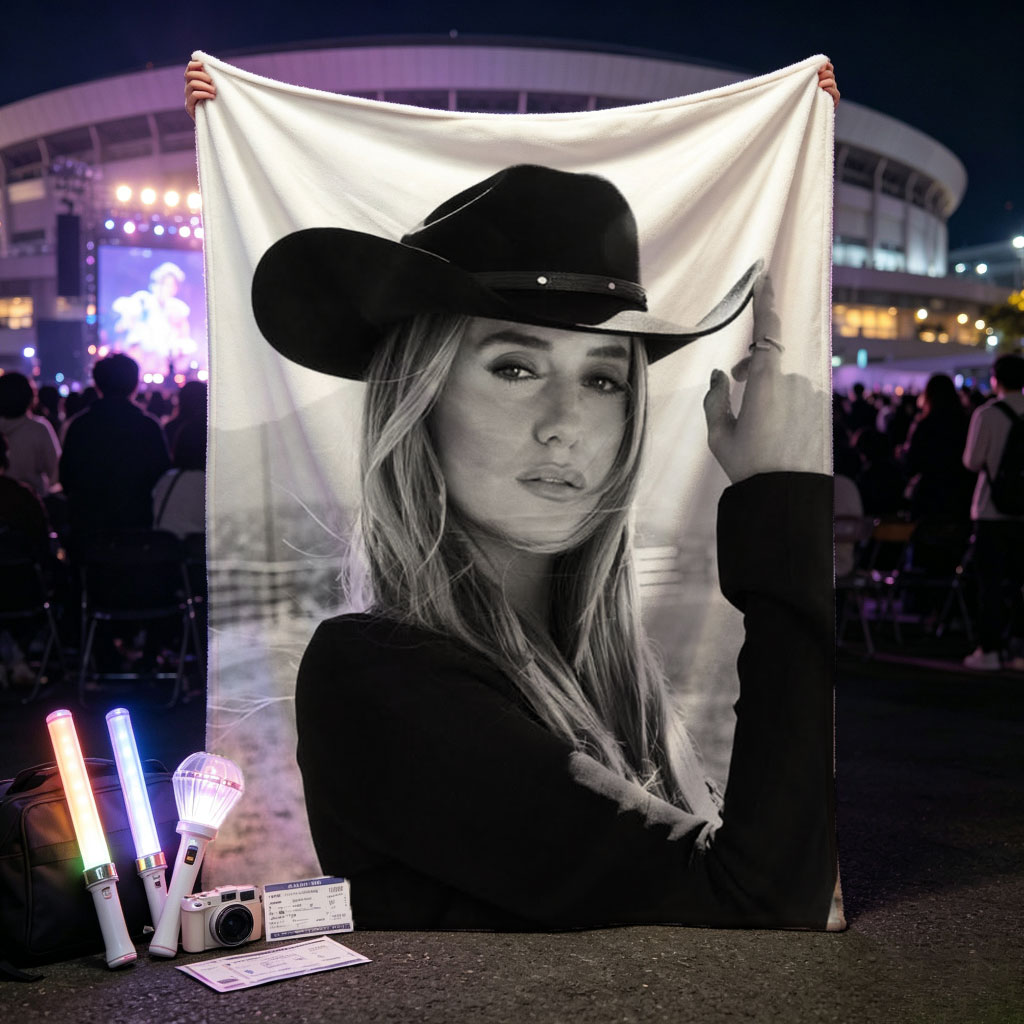 Maren Morris in Cowboy Hat Outdoors Black and White Portrait - Blankets