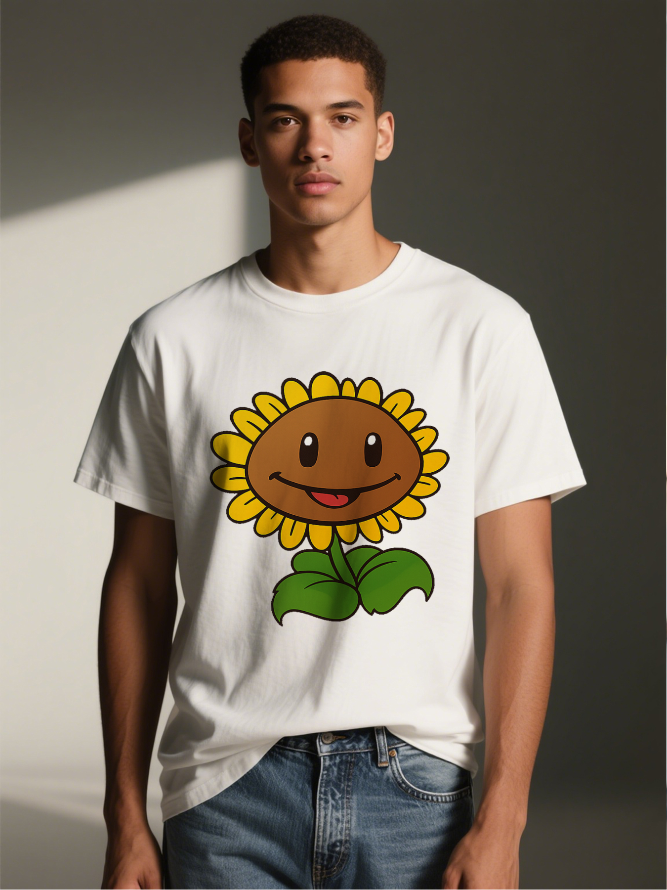 Men's Printed T-Shirt Sunflower Face Design Happy Smile Graphic Casual Round Neck Summer Lightweight Breathable Short Sleeve Tee for Outdoor Activities and Daily Wear Adults