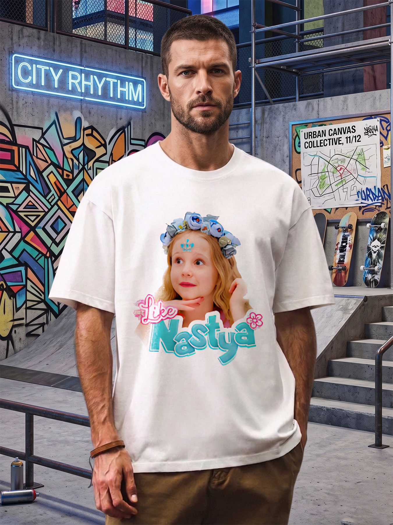 Men's Like Nastya Floral Crown Design Fun Cartoon Print Casual Crew Neck Short Sleeve T-Shirt, Lightweight Breathable Summer Top for Daily Outings & Casual Gatherings, Trendy Wear for Young Men