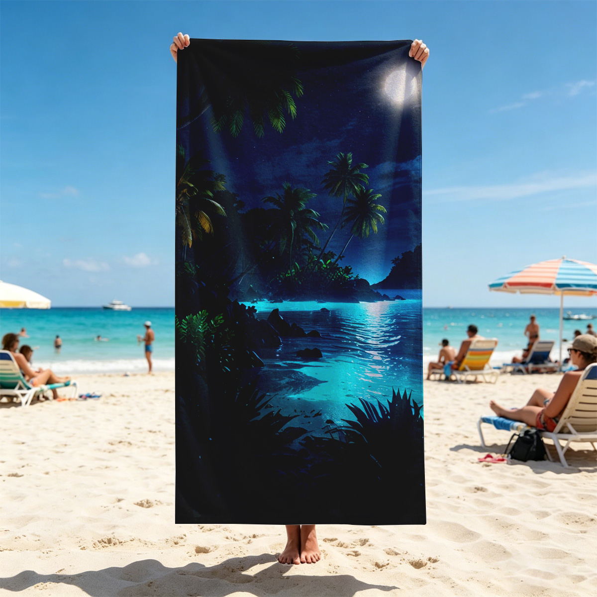 Moonlit Tropical Beach with Palm Trees and Glowing Water - Beach towels