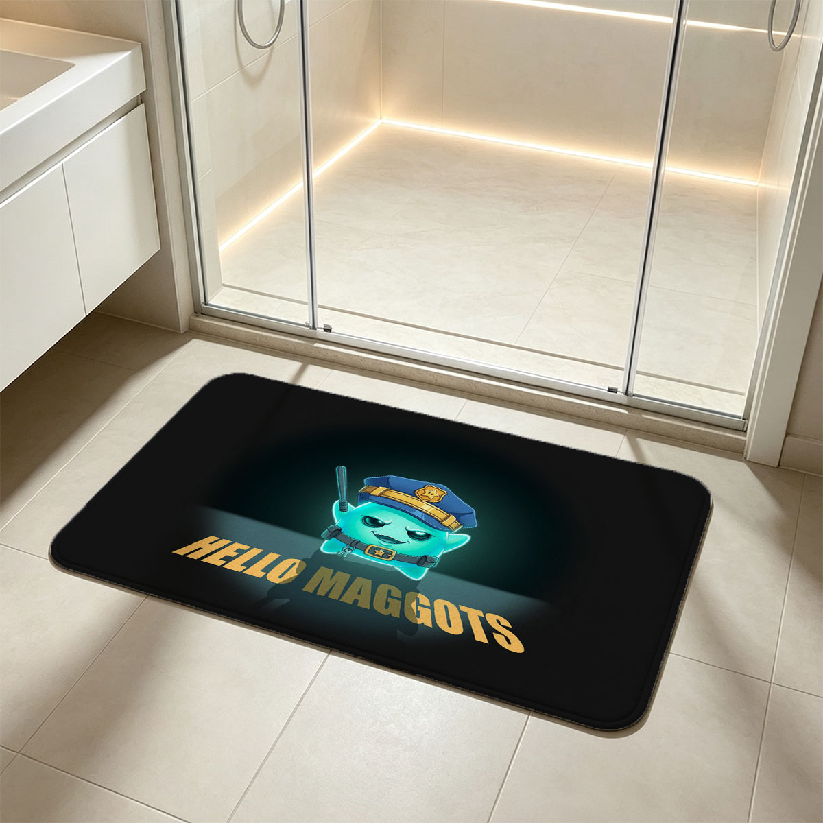 Hello Maggots: Police Officer Character with Badge and Baton - Flannel floor mat