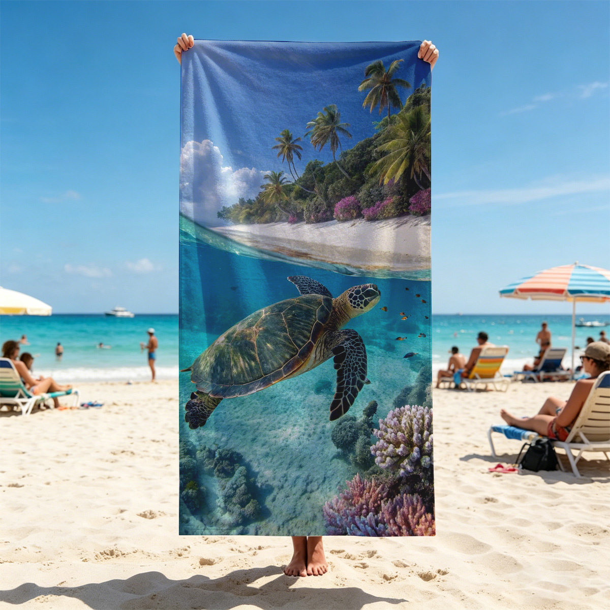 Sea Turtle Swims Near Coral Reef and Tropical Beach - Beach towels
