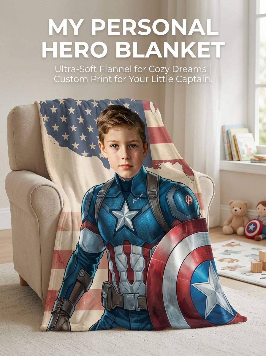 Custom Face Superhero Flannel Blanket Personalized Photo Throw Soft Patriotic Hero Bedding Gift for Kids and Adults