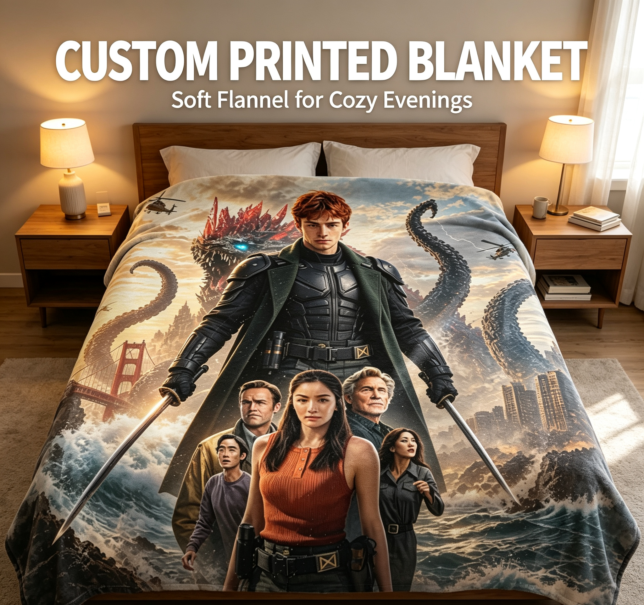 Custom Face Blanket Monarch Legacy of Monsters Flannel Blanket for Couch, Bed, or Travel – Perfect Gift for Fans of Sci-Fi and Monster Movies