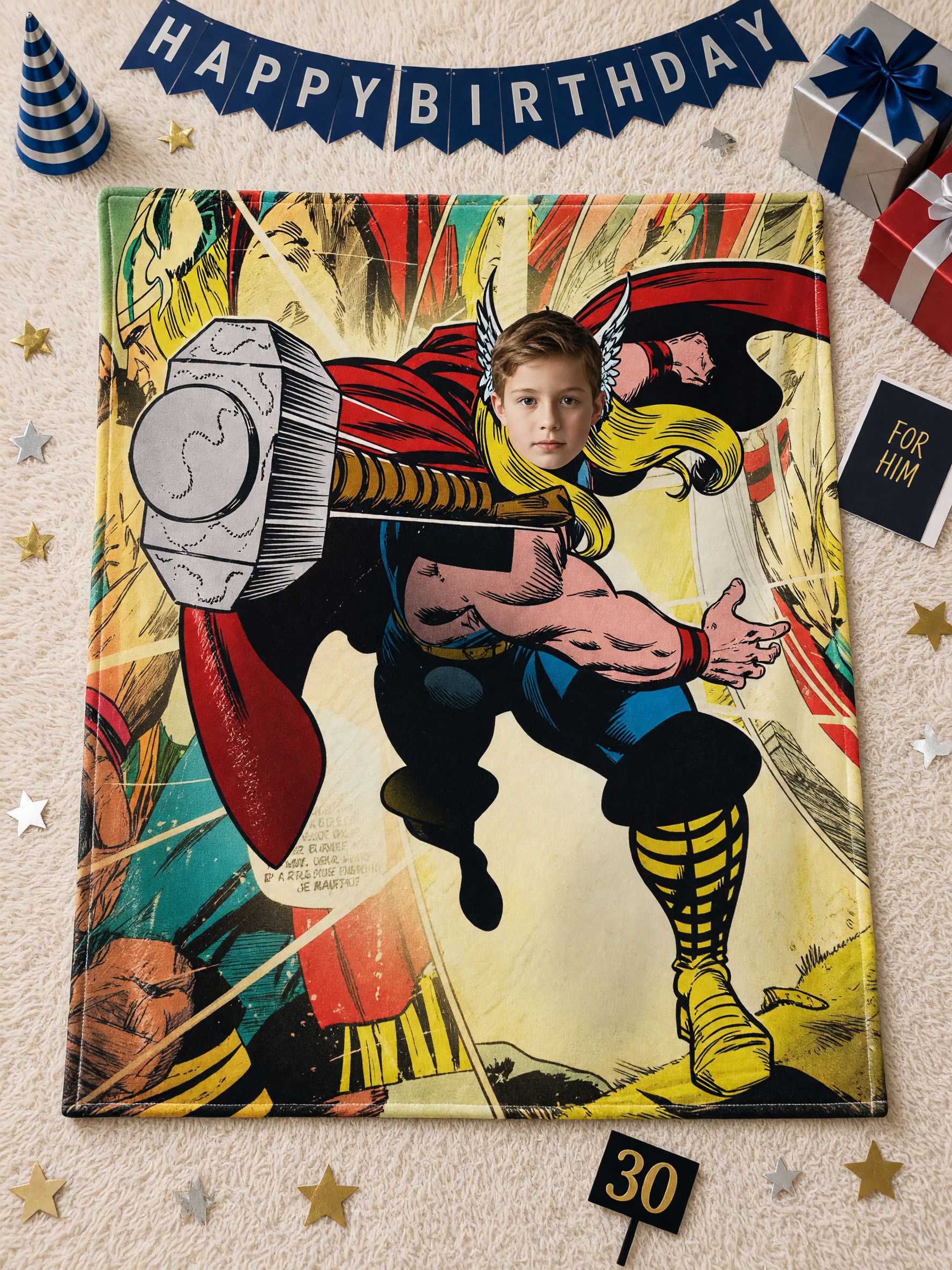 Custom Photo Comic Superhero Flannel Blanket, Personalized Face Throw Blanket, Skin-Friendly Anti-Pilling Cozy Bed