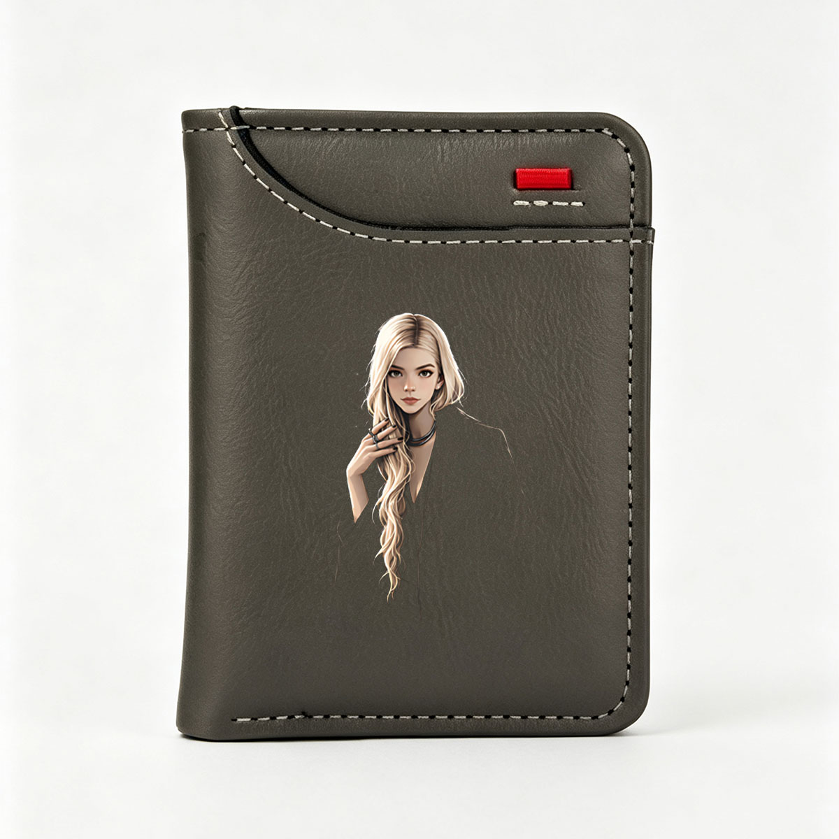 Blonde Woman in Black Coat with Elegant Pose - Vertical Style Wallet