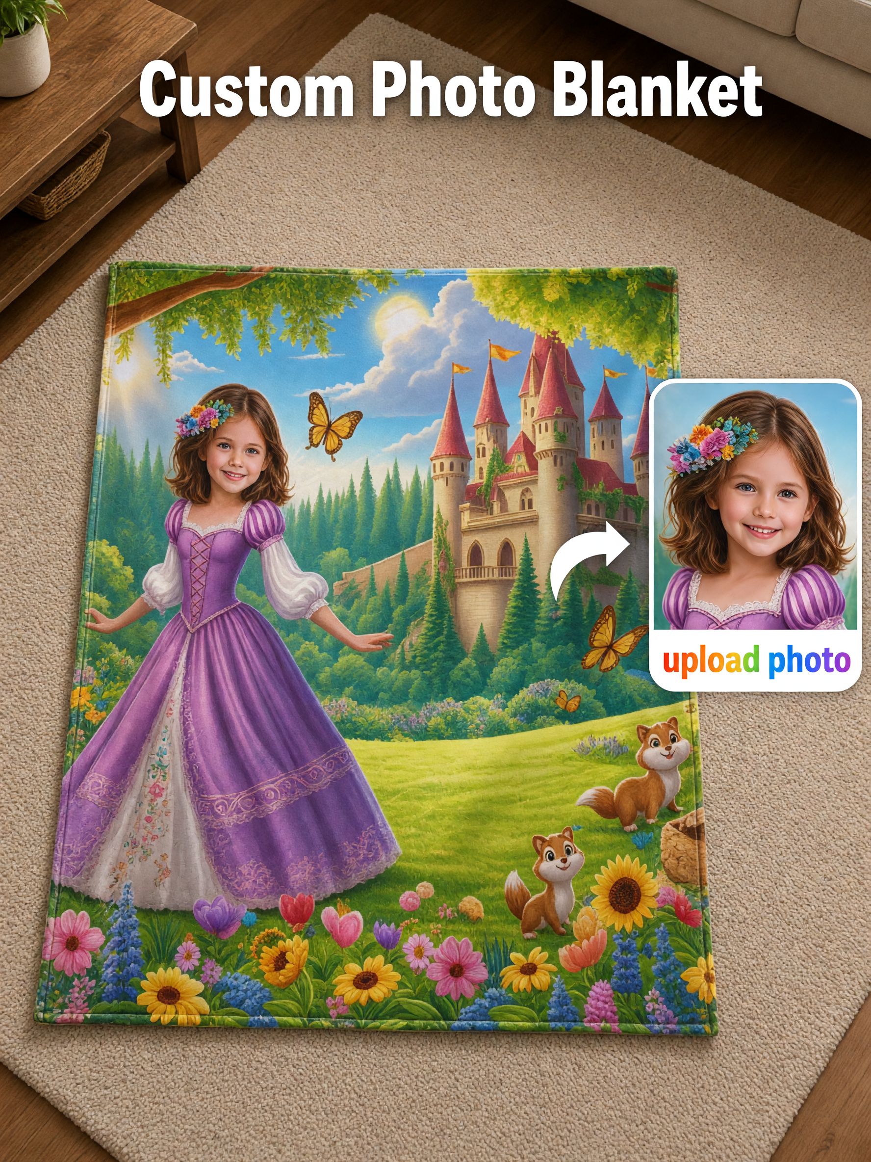 Custom Face Flannel Blanket Personalized Fairytale Princess Castle Throw, Ultra Soft Plush Cozy Bed Sofa Keepsake Gift