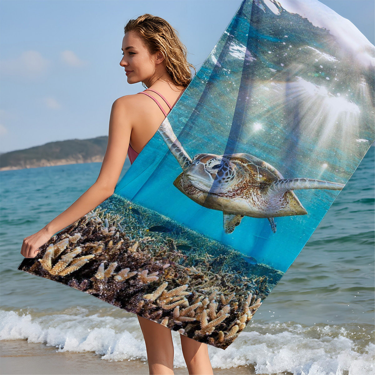 Sea turtle glides through sunlit coral reef - Beach towels