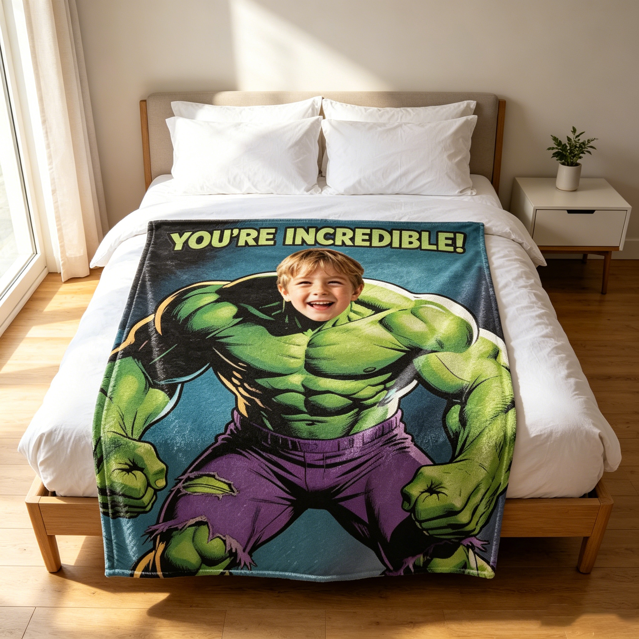 Custom Hulk Personalized Photo Flannel Throw Blanket, Upload Kids Face Superhero Blanket Unique Birthday Gift for Boys